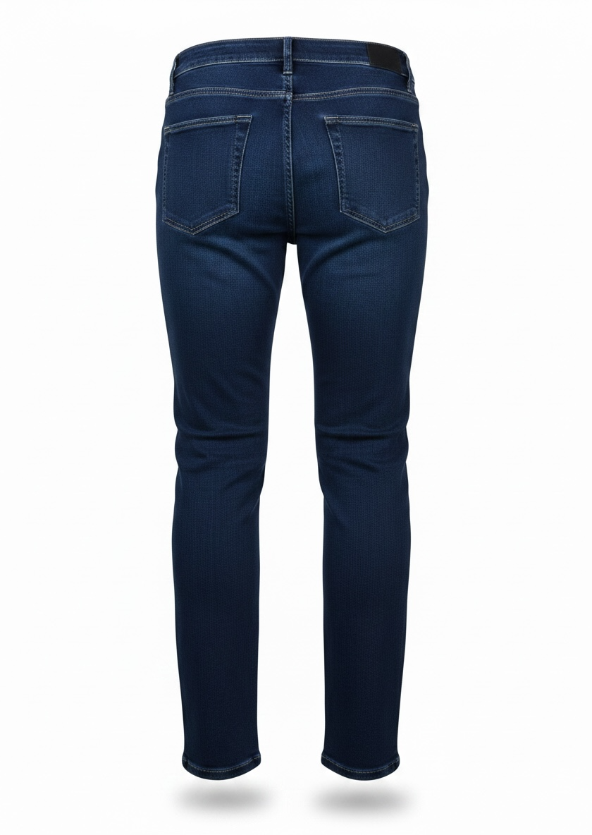 Rear view of dark blue slim-fit jeans on a white background.