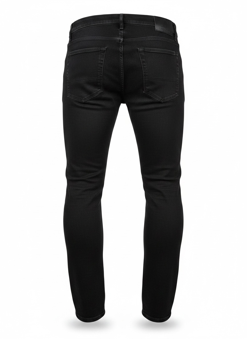 Black slim-fit jeans shown from the back, featuring classic five-pocket styling and a button closure, photographed on a clean white background.