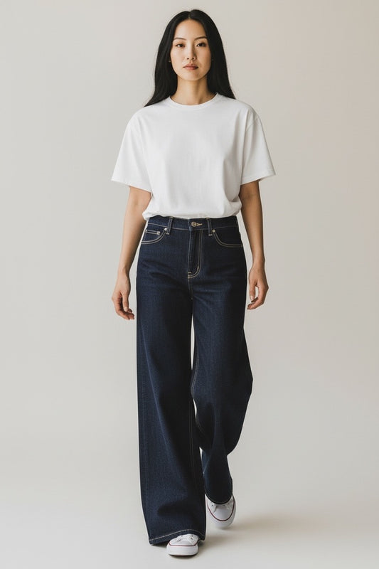 A woman modeling a white short-sleeve crewneck t-shirt and dark blue wide-leg jeans against a plain light gray studio background.