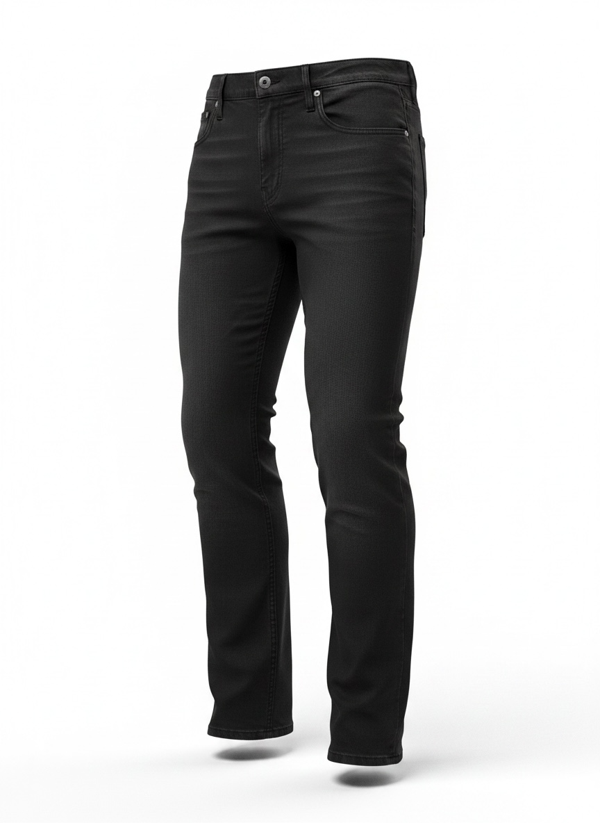 A pair of slim-fit black denim jeans shown from the waist down on a clean white studio background.