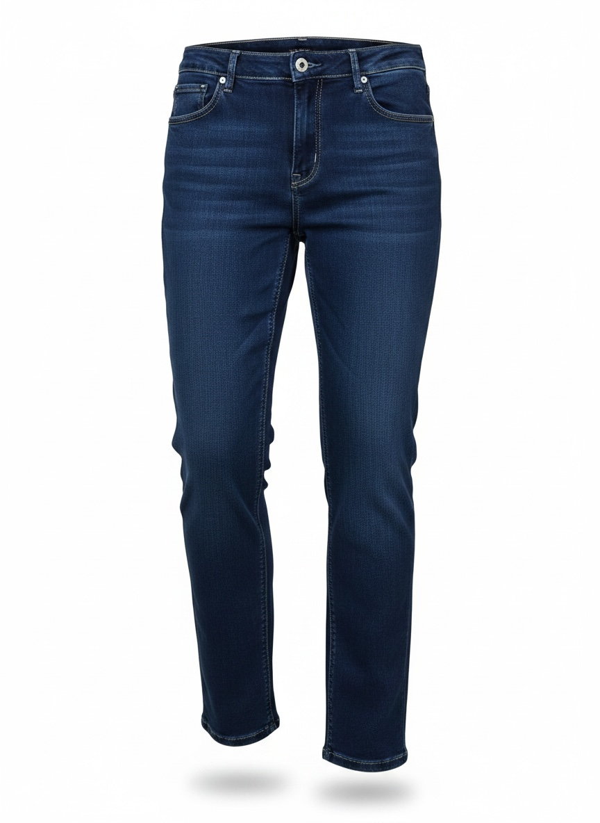 A pair of dark blue slim-fit jeans shown on a white background with a subtle drop shadow.
