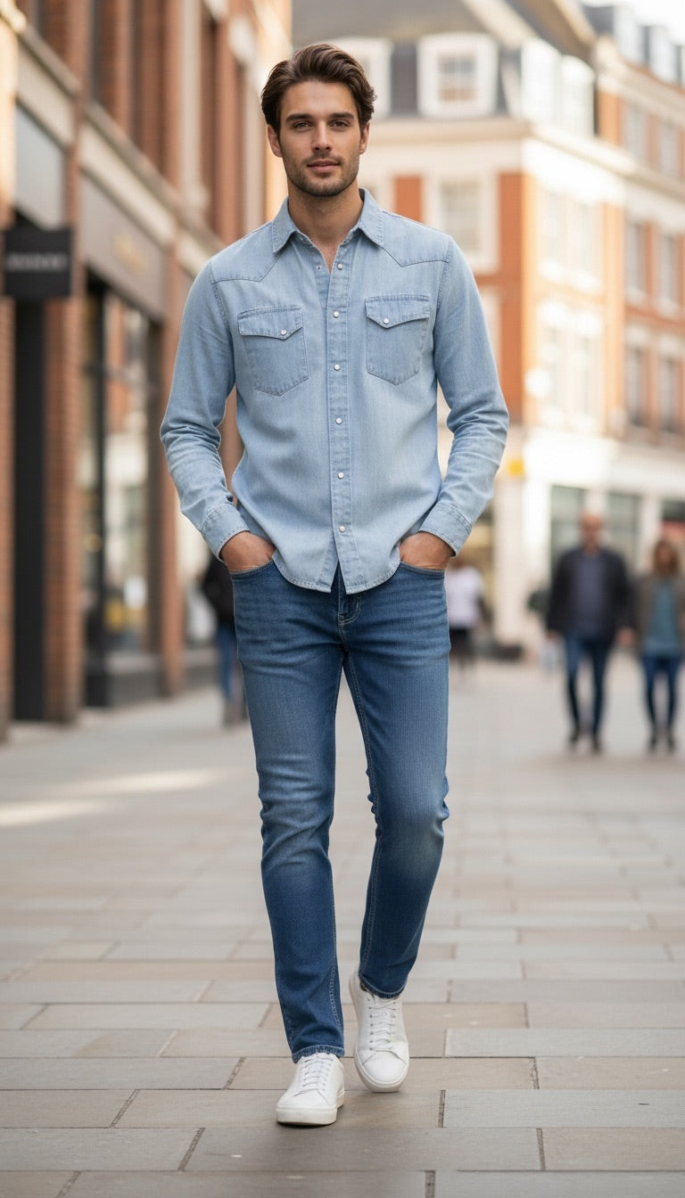 A man walking down a city street wearing a light blue denim button-up shirt, dark blue jeans, and white sneakers.