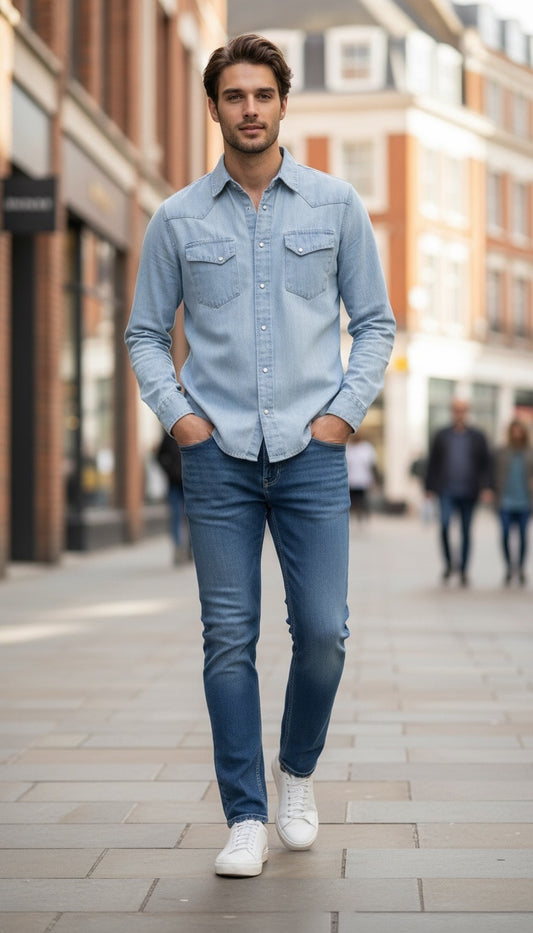 A man walking down a city street wearing a light blue denim button-up shirt, dark blue jeans, and white sneakers.