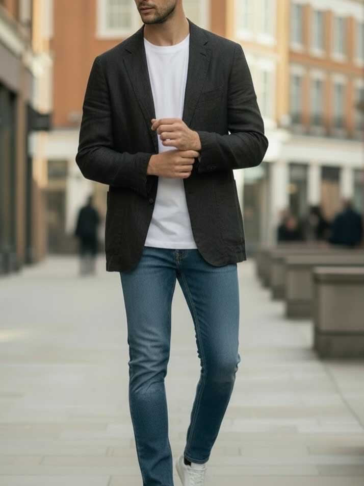 A man walking on a city street wearing a dark charcoal textured blazer over a white t-shirt, blue jeans, and white sneakers.
