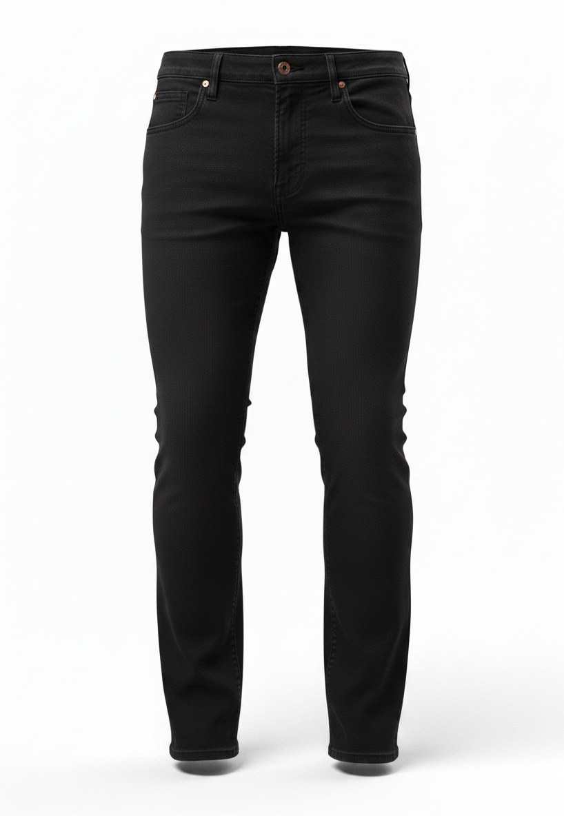 Black slim-fit jeans shown from the front on a white studio background.