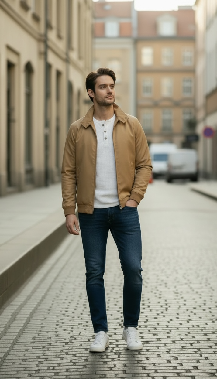 A man standing on a cobblestone street wearing a tan bomber jacket over a white henley shirt, dark blue jeans, and white sneakers.