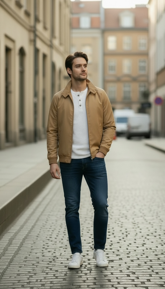 A man standing on a cobblestone street wearing a tan bomber jacket over a white henley shirt, dark blue jeans, and white sneakers.